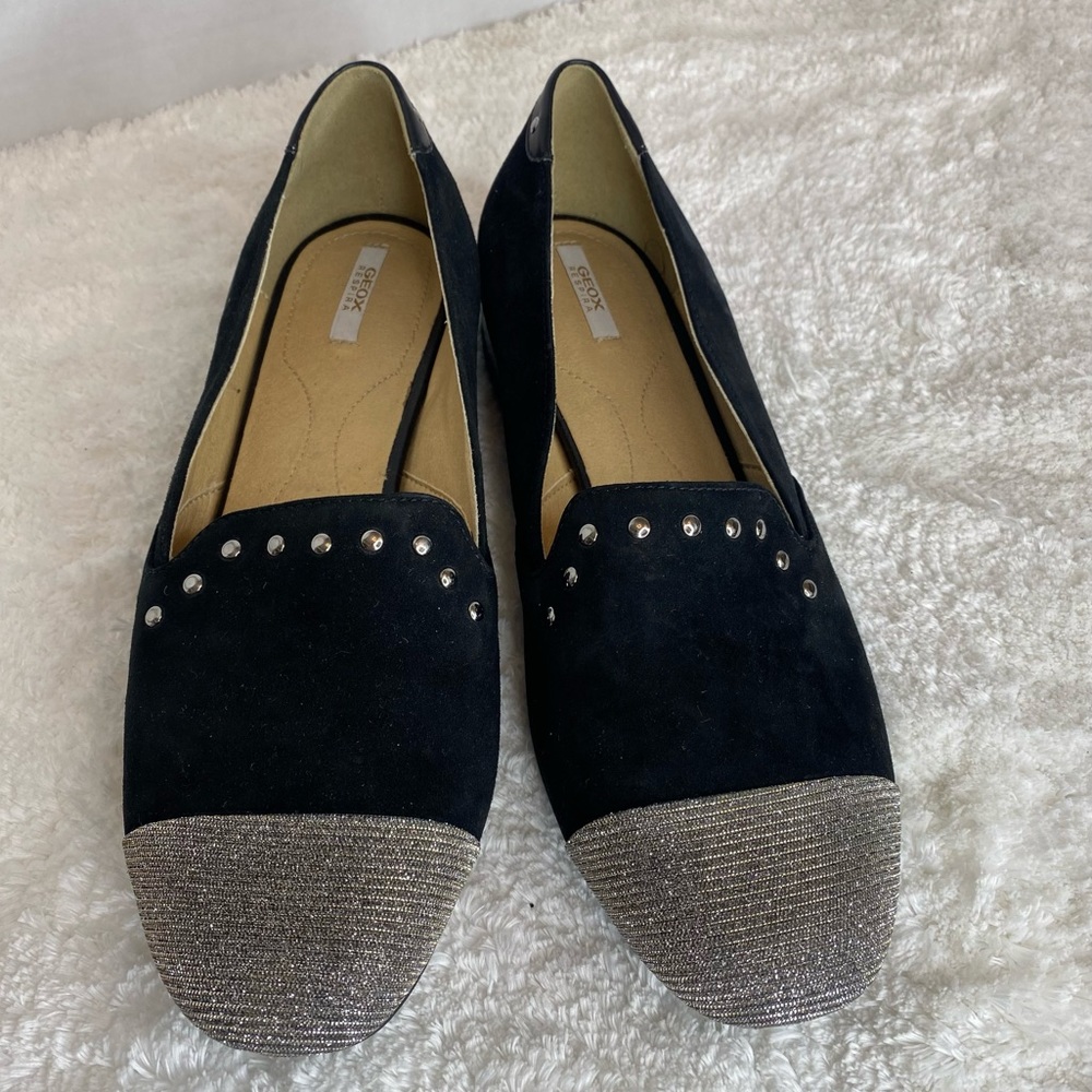 GEOX Respira Black Sueded Leather Loafers Silver Studs 39 - Picture 5 of 13
